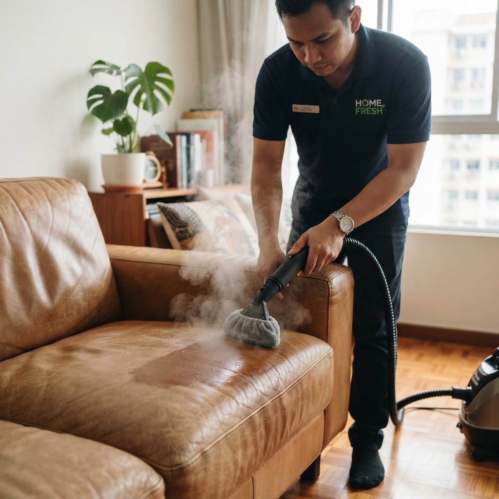 Professional steam cleaning a leather sofa in a Singapore home