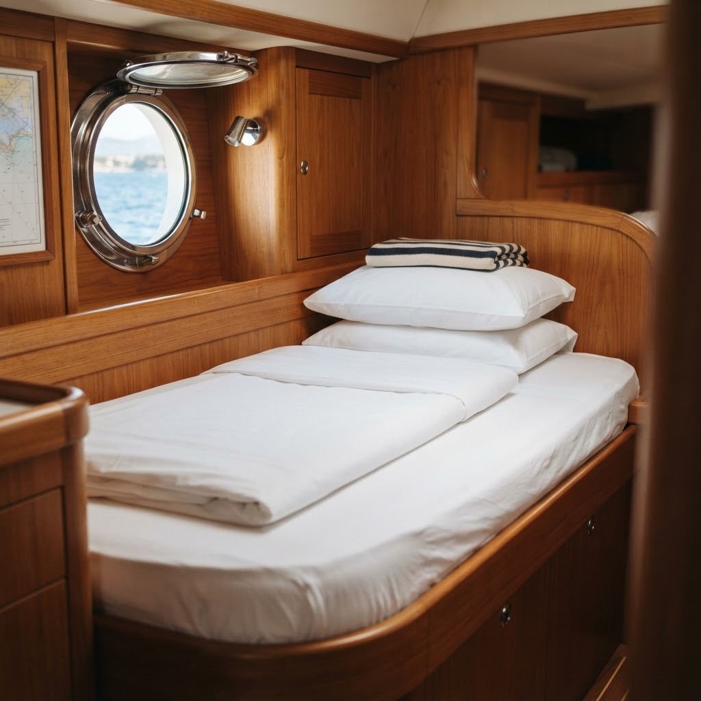 Clean yacht cabin mattress inside a Singapore boat, illustrating professional yacht mattress cleaning Singapore
