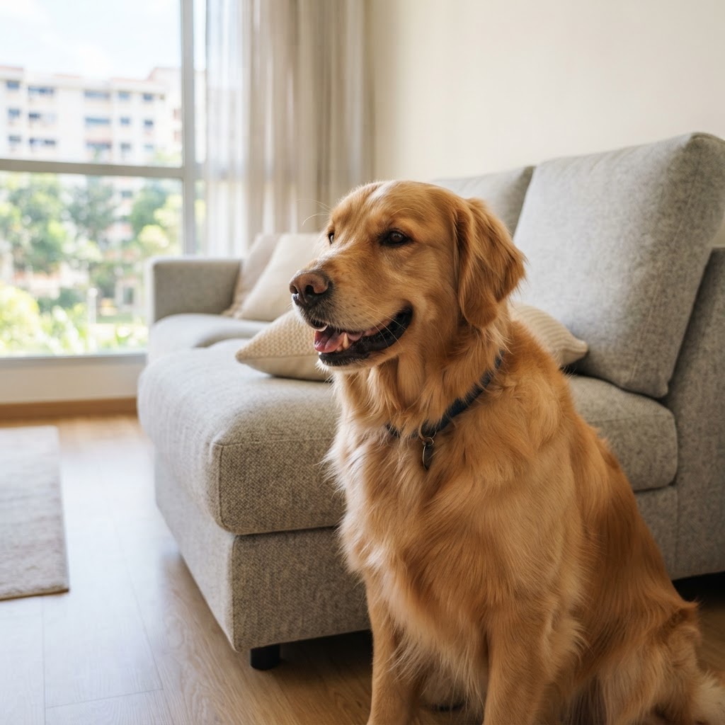 Pet urine sofa cleaning Singapore — golden retriever beside a fabric sofa in a Singapore home