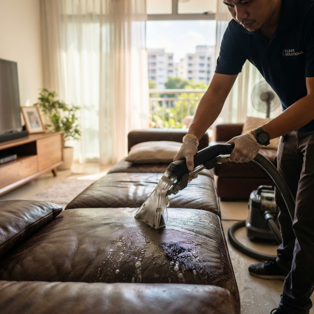 Professional leather upholstery cleaning Singapore — technician deep cleaning a brown leather sofa in a Singapore home