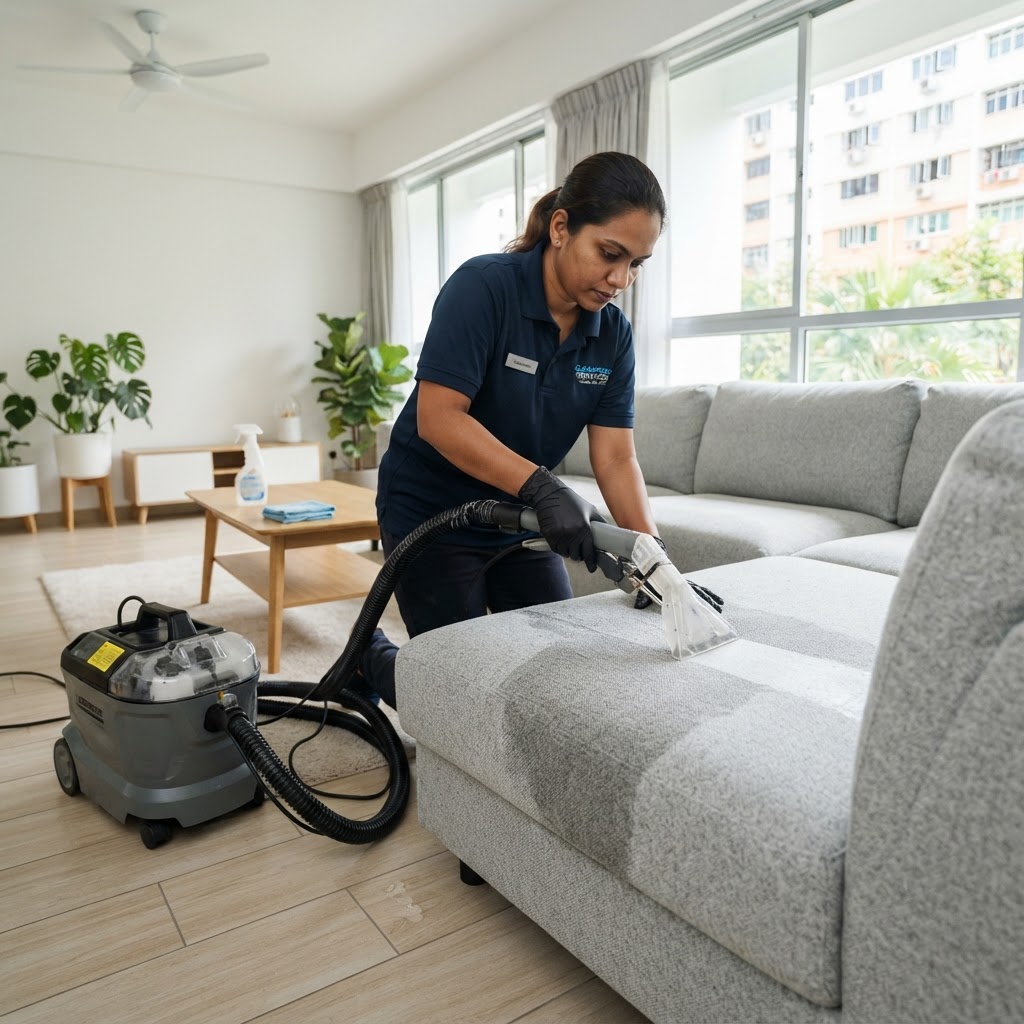 Professional sofa cleaning cost Singapore — technician deep cleaning a fabric sofa in a Singapore home