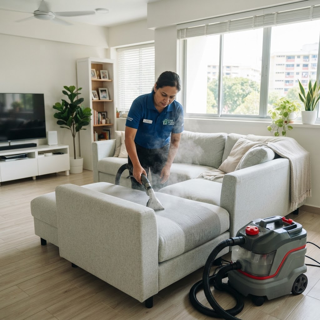 Professional fabric sofa cleaning service in Singapore living room showing deep extraction cleaning