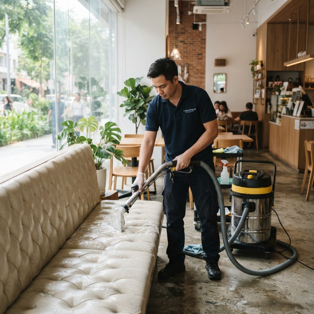 Professional F&B upholstery cleaning in Singapore cafe booth seating